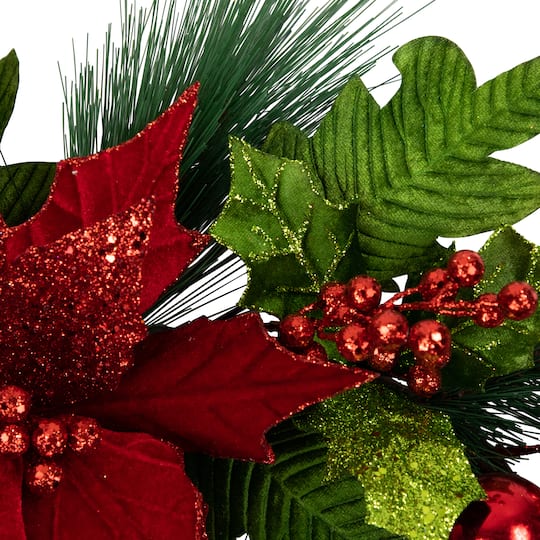 24" Red Glittered Poinsettia & Long Pine Christmas Wreath